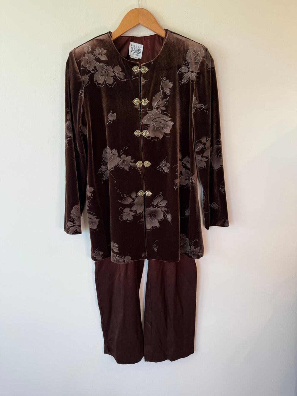 R&M Richards Brown Floral Velvet Button Tunic Top & Pants Set Women's 8P classic